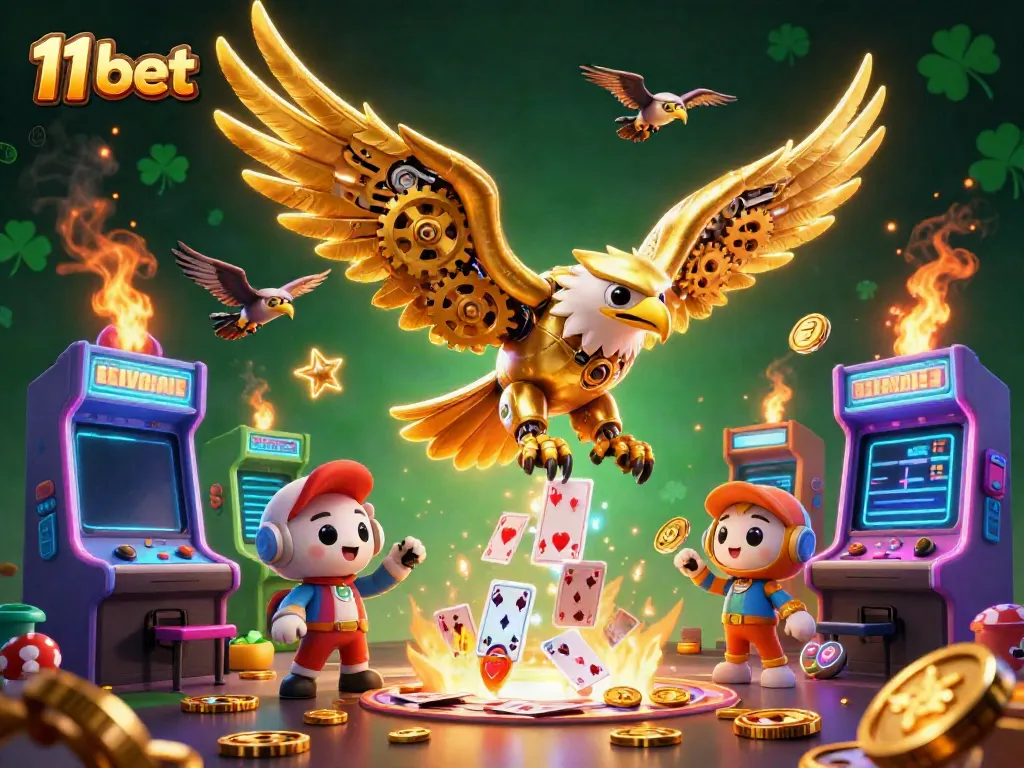 Experience thrilling gameplay with 11 bet's vibrant 3D illustration featuring an eagle amidst casino elements.