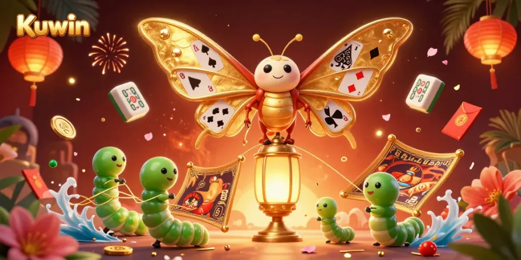 Kuwin brings excitement with a vibrant casino scene featuring golden moths and dynamic decor.