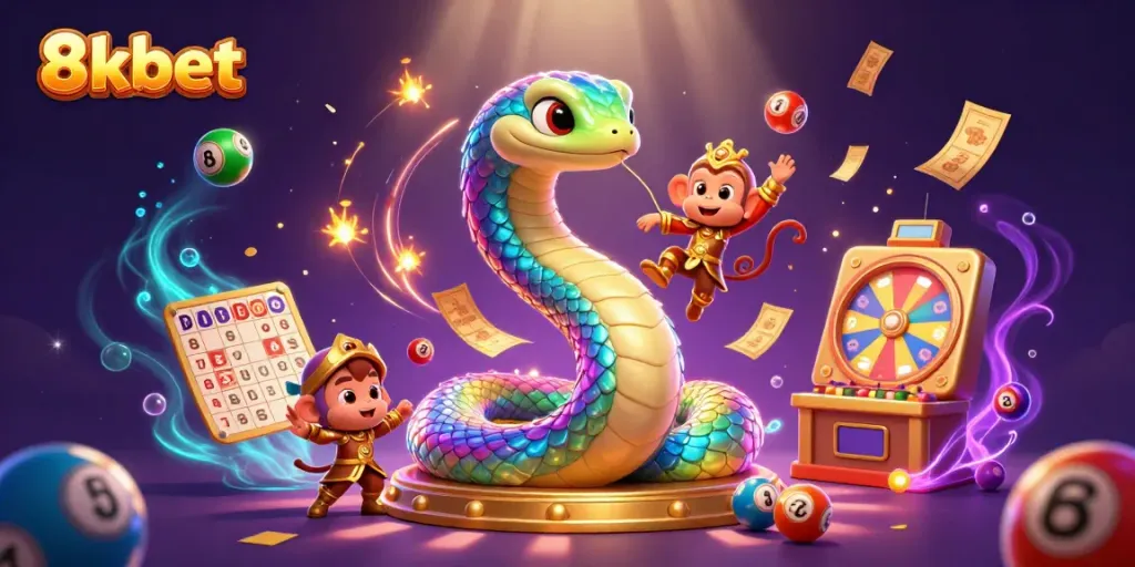 Play and win at 8kbet with this dynamic illustration featuring a vibrant casino scene.