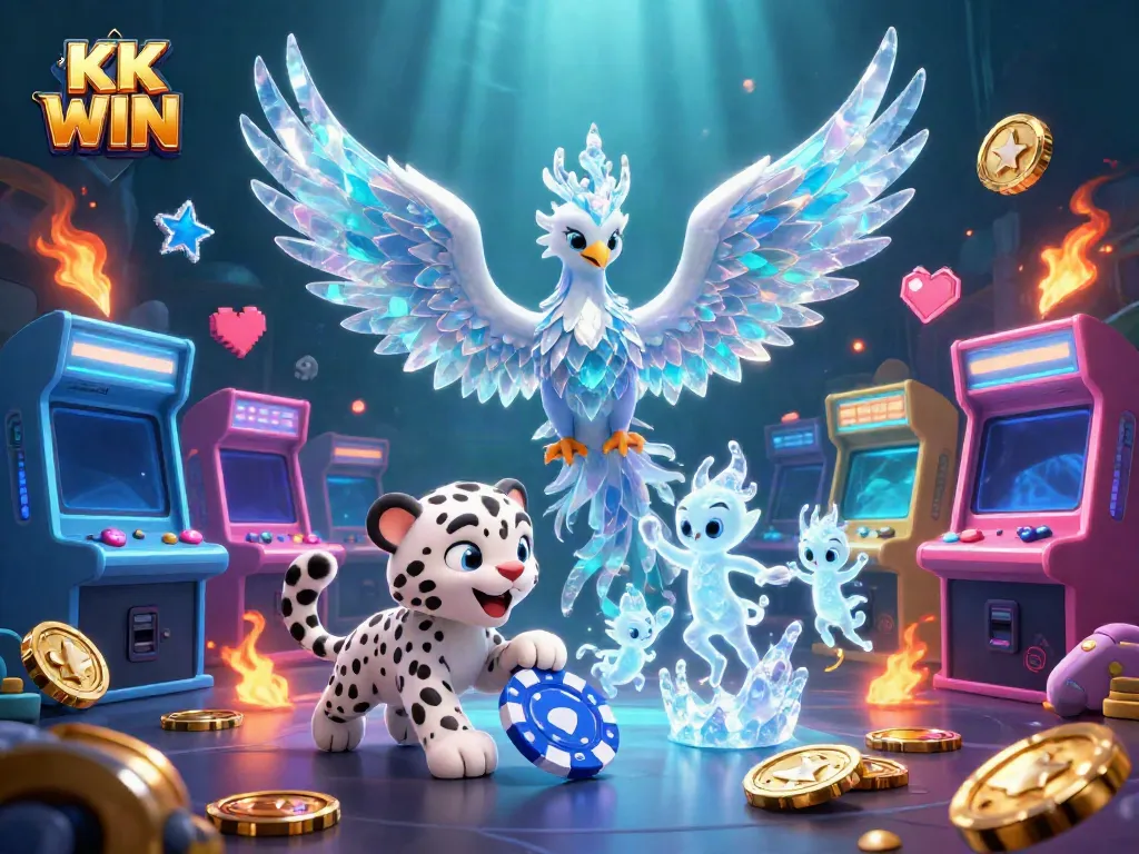 Experience the thrill of KK WIN with an ice phoenix and snow leopard amid vibrant casino game elements.