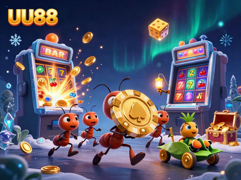 Experience thrilling bets at UU88 with its animated heist scene featuring ants and vibrant casino elements.