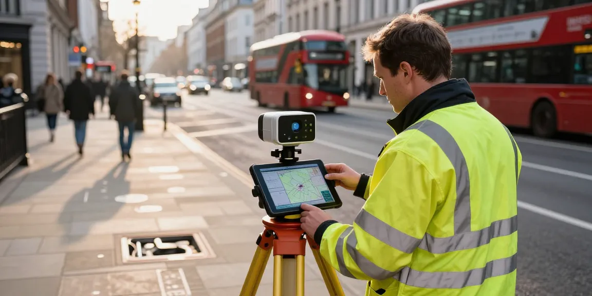 Surveyor conducting GPR Utility surveys London with equipment in an urban setting.
