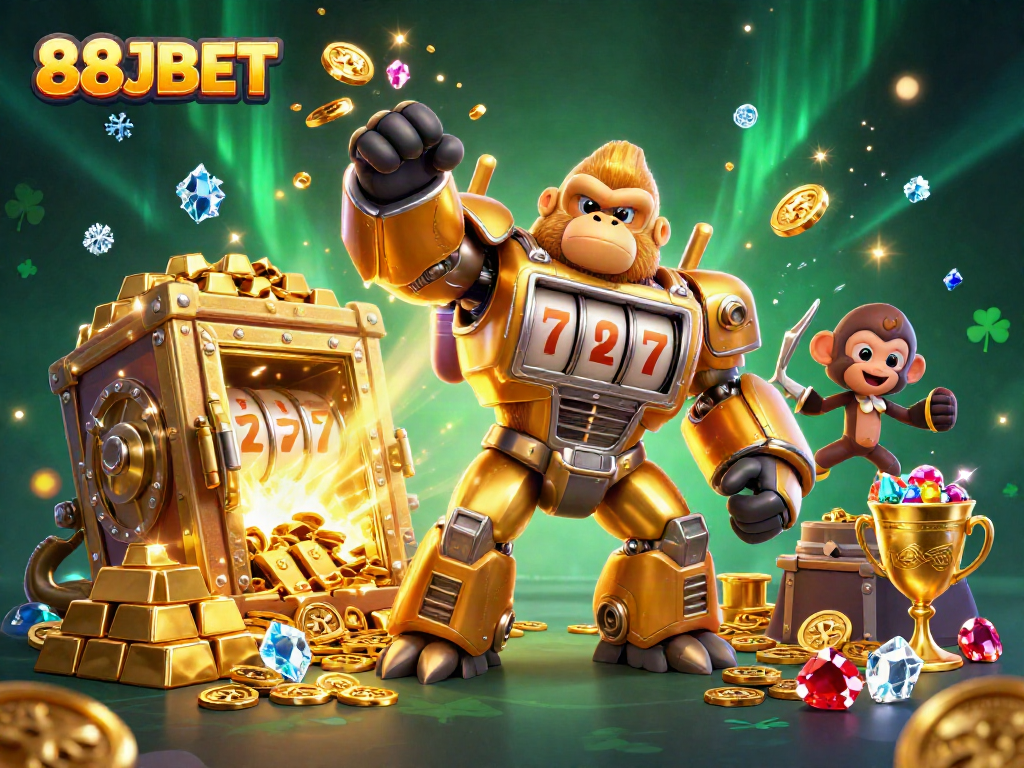Experience thrilling gameplay with 88JBET's golden gorilla mech and treasure-filled action.