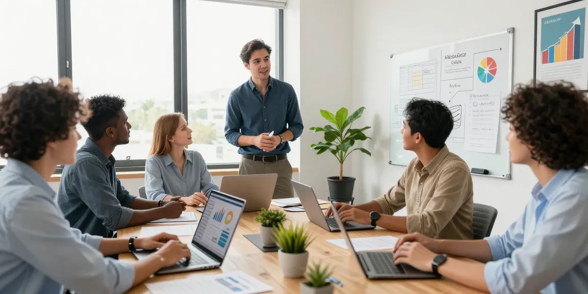 Entrepreneurs discussing merchant cash advance pros and cons in a collaborative office setting with charts and devices.