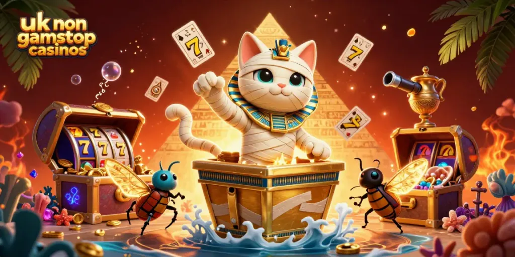 Experience thrills at uk non gamstop casinos amidst a vibrant 3D pyramid casino scene.