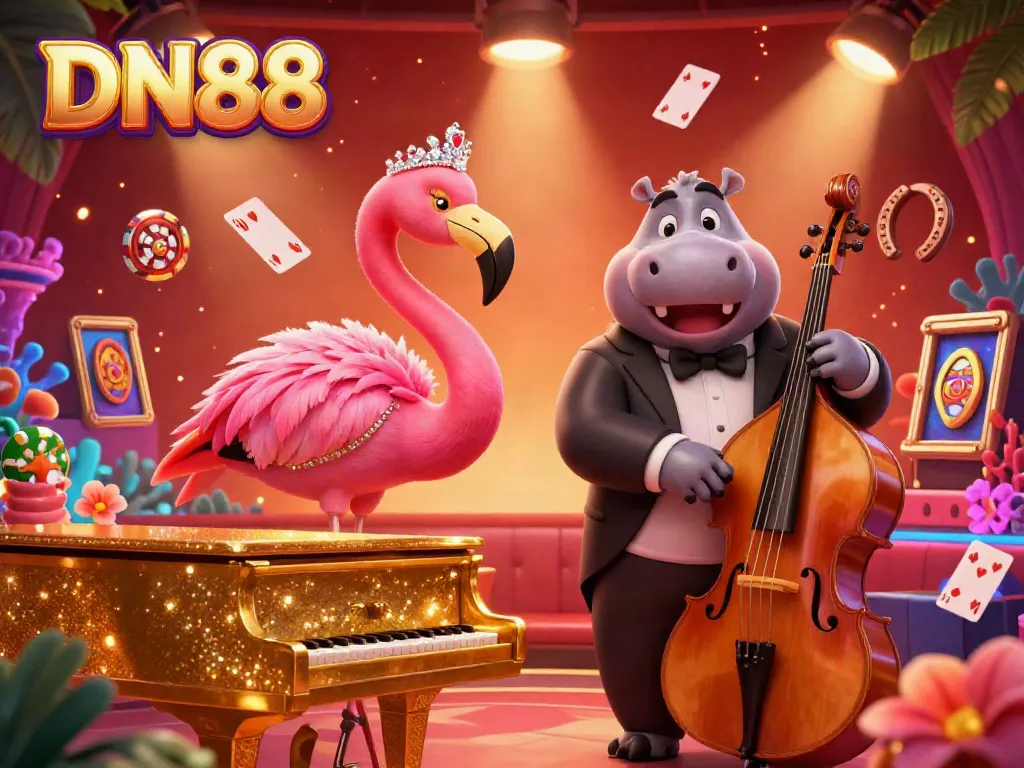 Experience the vibrant casino lounge atmosphere at DN88, featuring a flamingo singer and hippo bassist surrounded by game elements.