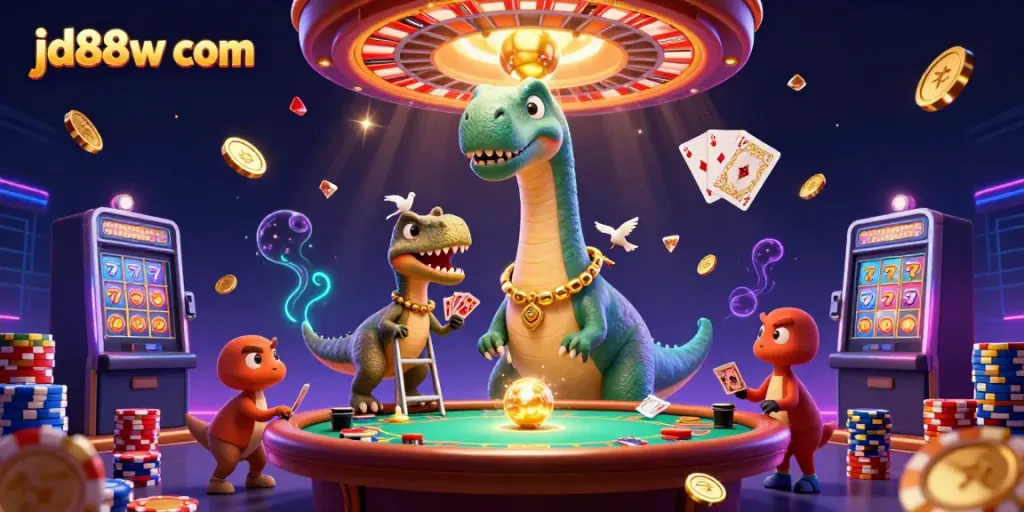 Engage with jd88w com while experiencing a vibrant casino scene with animated creatures and game elements.