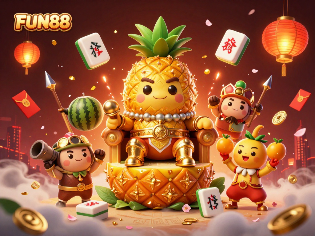 Engage with FUN88's vibrant casino world featuring a golden pineapple king and dynamic gaming elements.