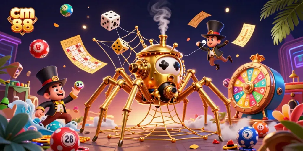 Engage with cm 88 gaming excitement, as a steampunk spider weaves a golden web of chance.