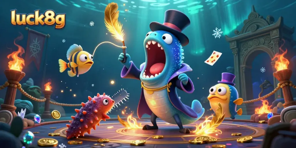Experience luck8g with a vibrant underwater casino scene filled with magical characters and gambling elements.