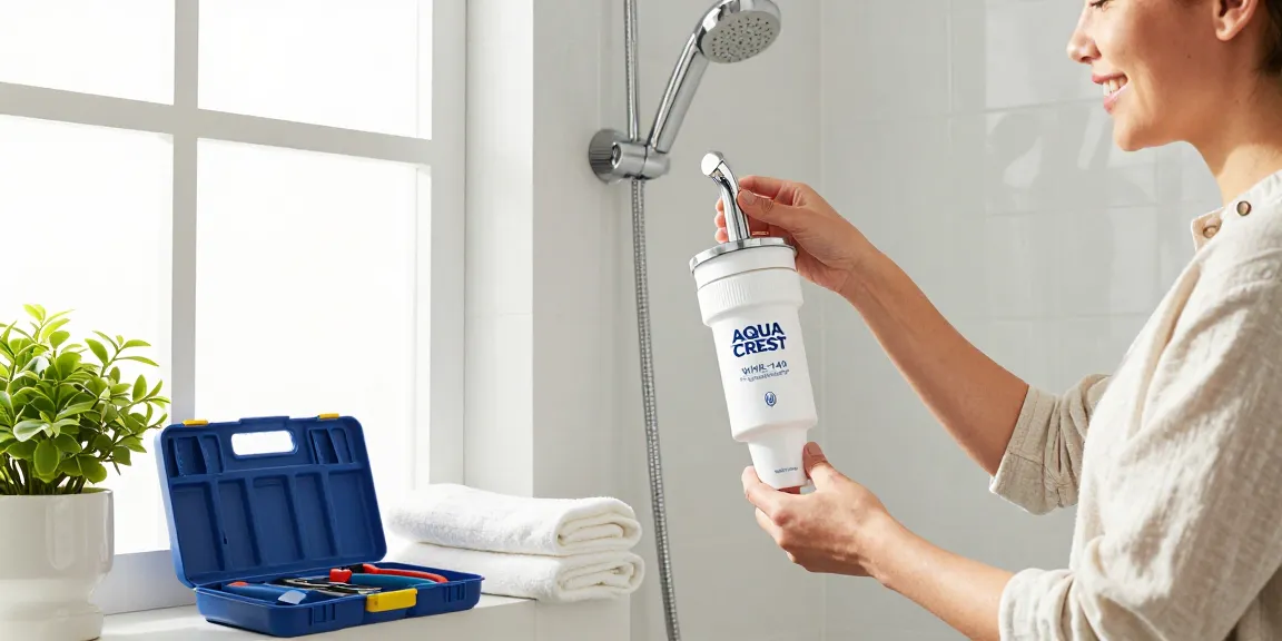 AQUA CREST WHR-140 Shower Filter Replacement Cartridge installed in a bright bathroom, showcasing easy home maintenance and personal care.
