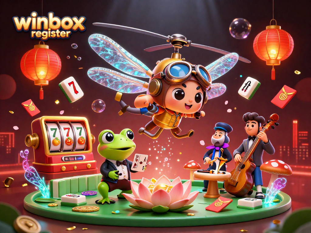 Engage with the vibrant winbox register scene featuring a dragonfly pilot, frog croupier, and slot machines.