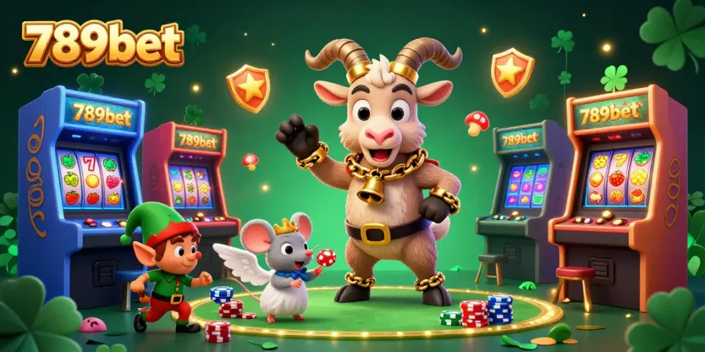 Engage in the exciting world of 789bet with a dynamic holiday-horror casino scene featuring Krampus, angel mouse, and playful gremlin characters.