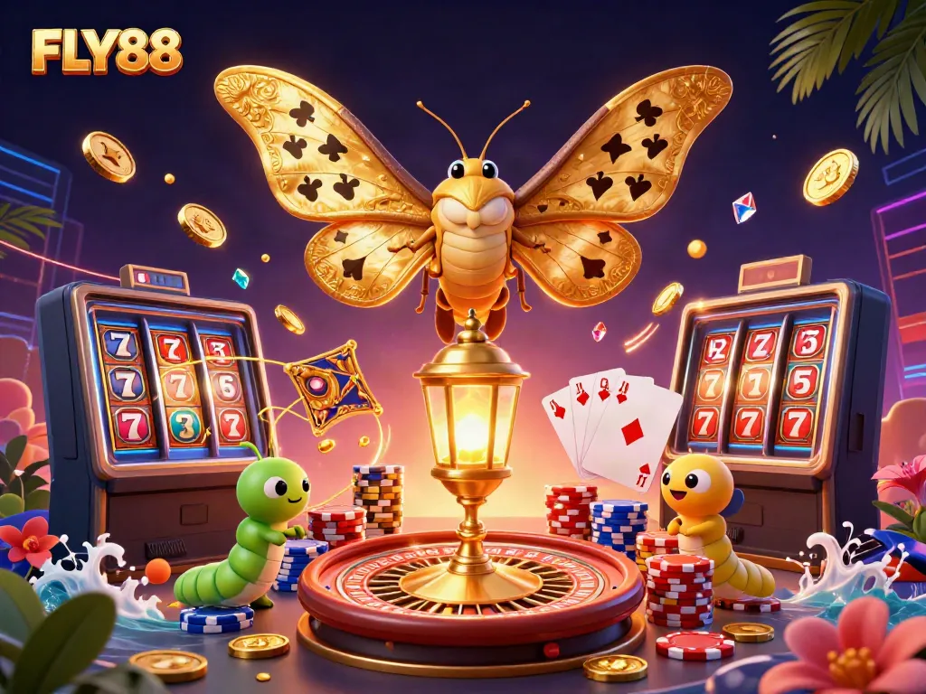 FLY88 showcases an energetic casino scene with an atlas moth, golden coins, and jackpot elements.