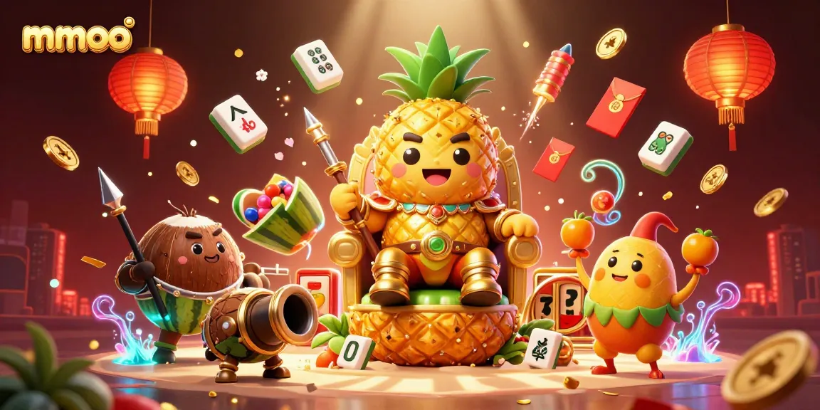 Engage in a vibrant casino scene with mmoo's golden pineapple king amidst spinning slot reels and colorful tokens.