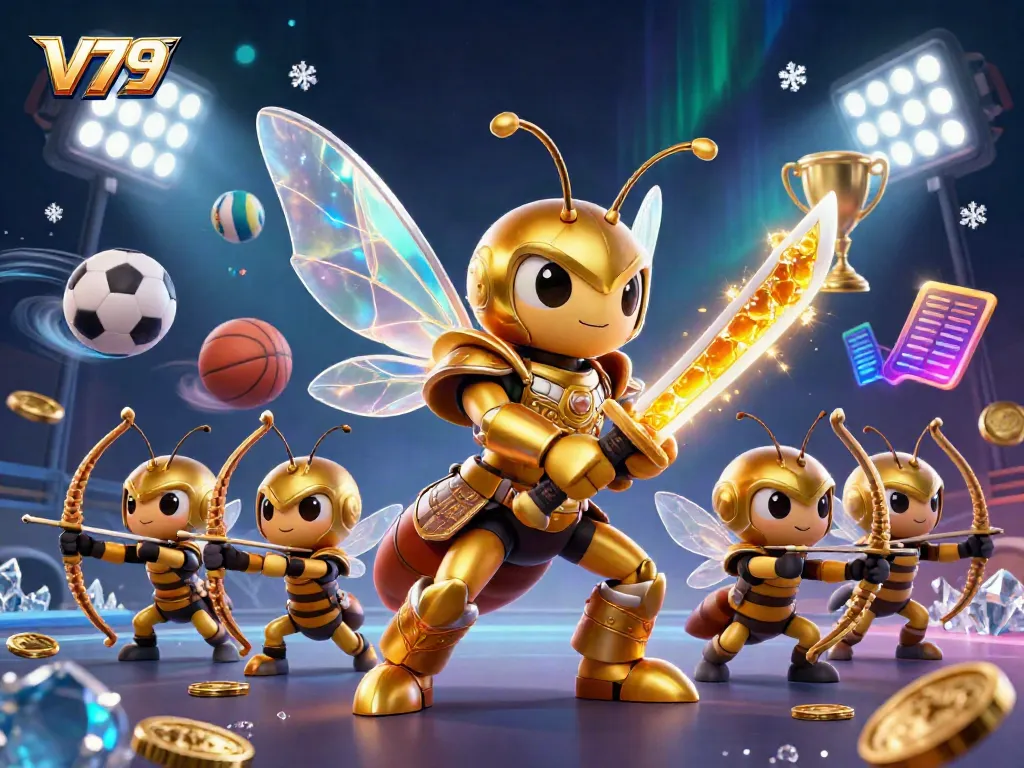 An engaging illustration of V79 featuring a giant hornet samurai and bee archers amidst dynamic sports-themed elements.