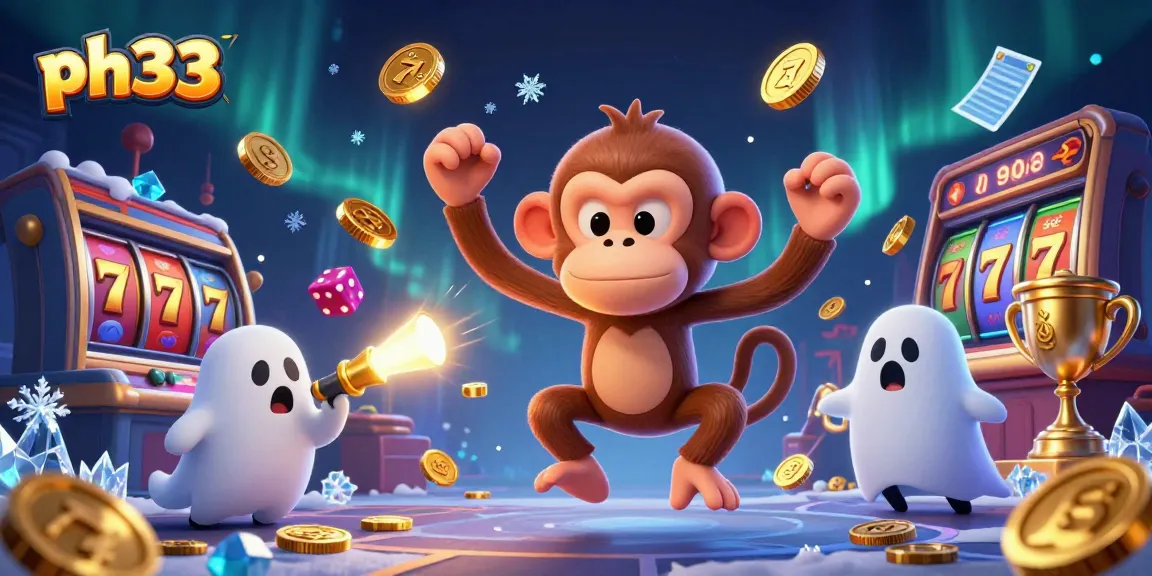 Engage with ph33's lively casino scene featuring a playful poltergeist monkey and ghost-hunter puppy amidst slot reels.