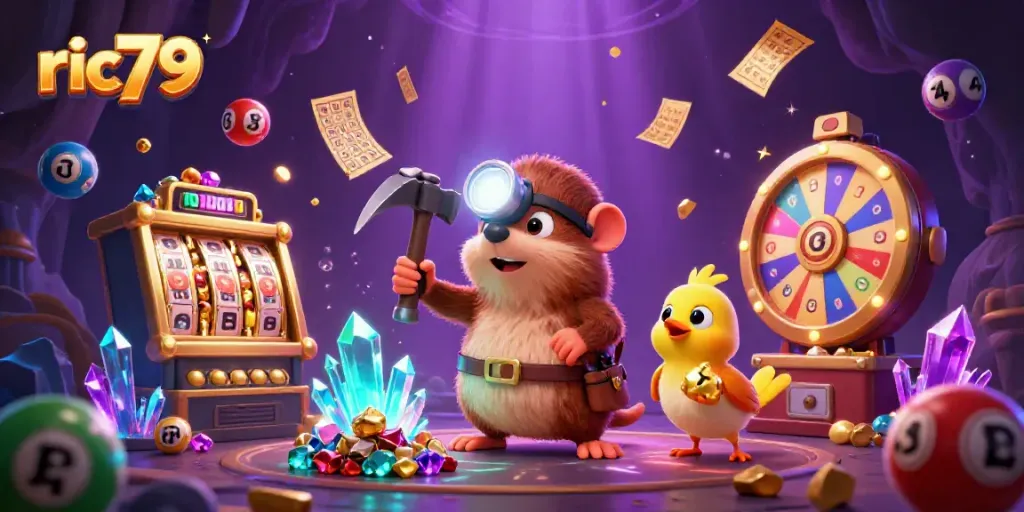 Engage with ric79's vibrant casino illustration featuring a treasure hunter mole amidst golden slot machines and colorful lottery elements.