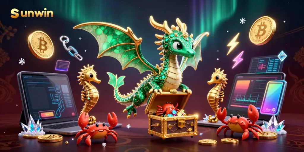 Experience thrilling gameplay with Sunwin, highlighted by a majestic sea dragon and crypto coins.