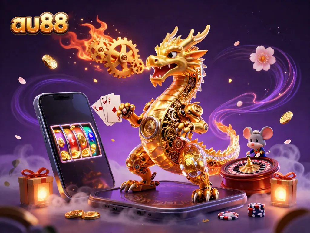 Engage in thrilling gameplay at au88, showcasing a golden dragon and slot game action.