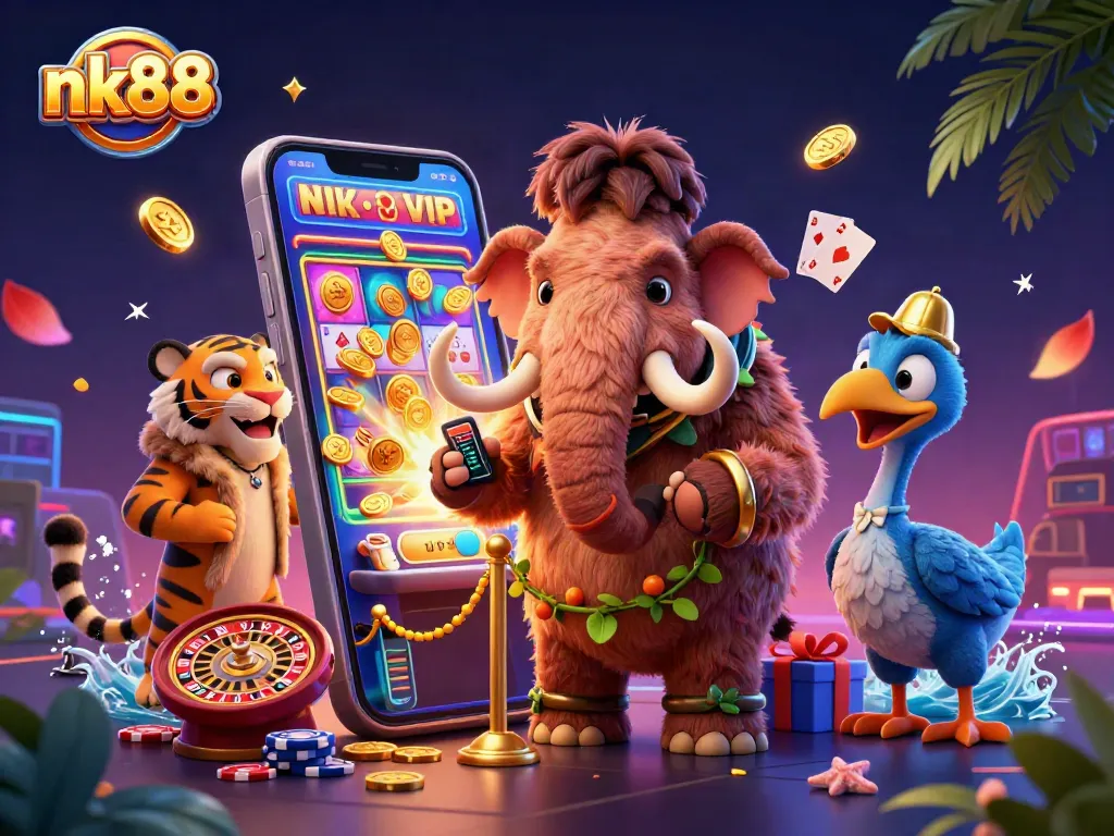Engage with nk88's vibrant casino scene featuring a 3D mammoth bouncer greeting guests.