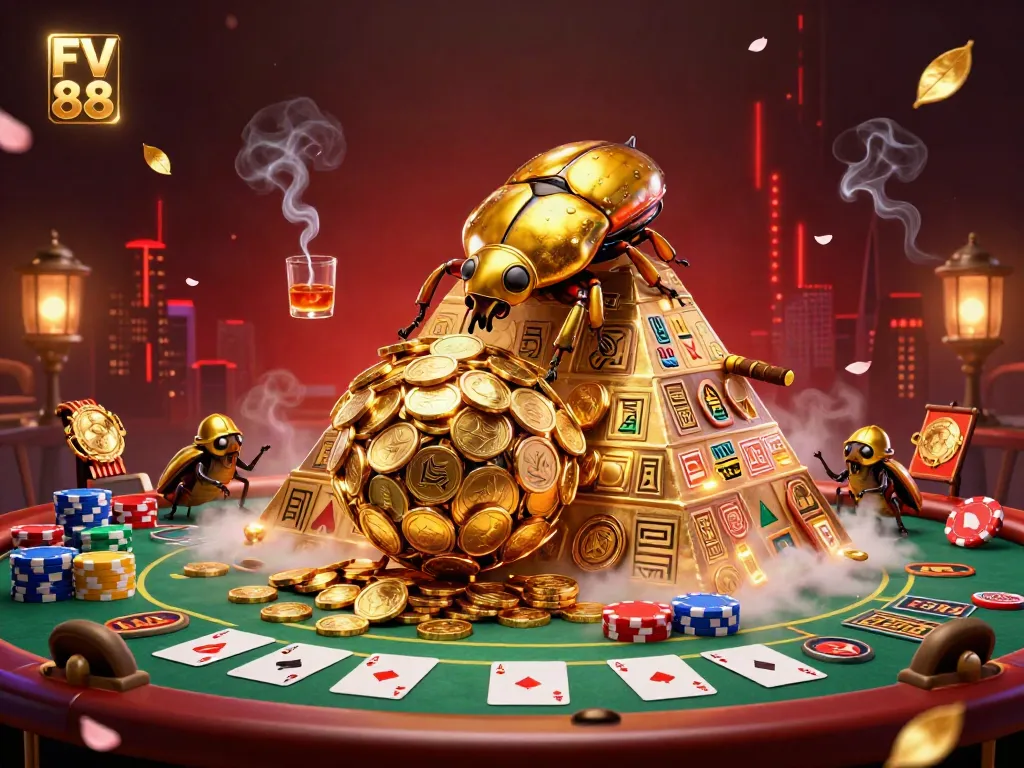 Experience the excitement of FV 88 with a dynamic scene featuring a golden dung beetle in a casino setting, rolling riches.
