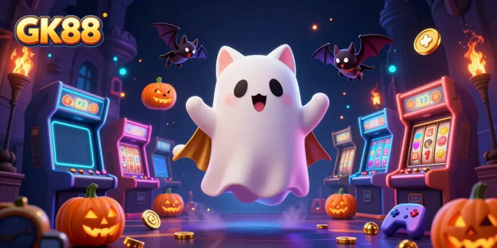 Experience thrilling casino action with GK88's ghost cat and bat in a haunted mansion.