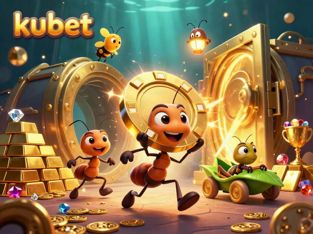 Join the dynamic heist of kubet's cartoon ants with poker chips in a vibrant treasure scene.