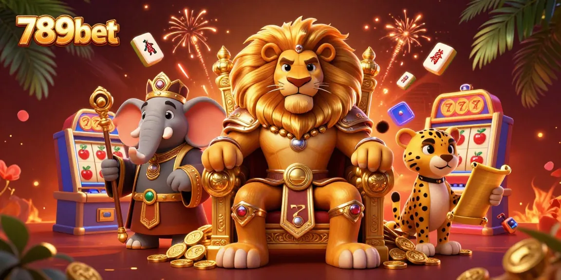 Experience exhilarating gaming at 789bet with a lion king on a throne, animated slot machines, and dynamic casino elements.