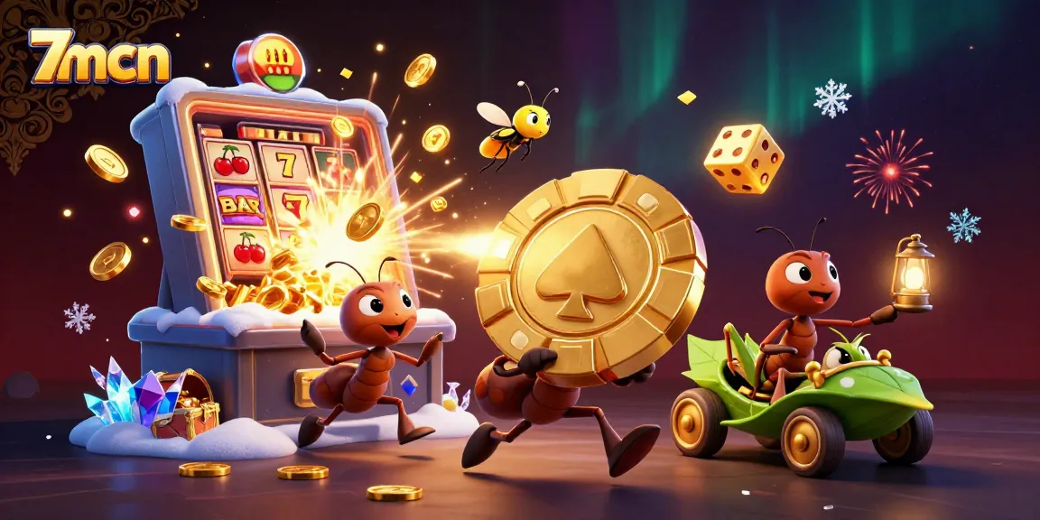 Experience fast-paced 7mcn action with cartoon ants carrying a giant poker chip in a vibrant casino setting.
