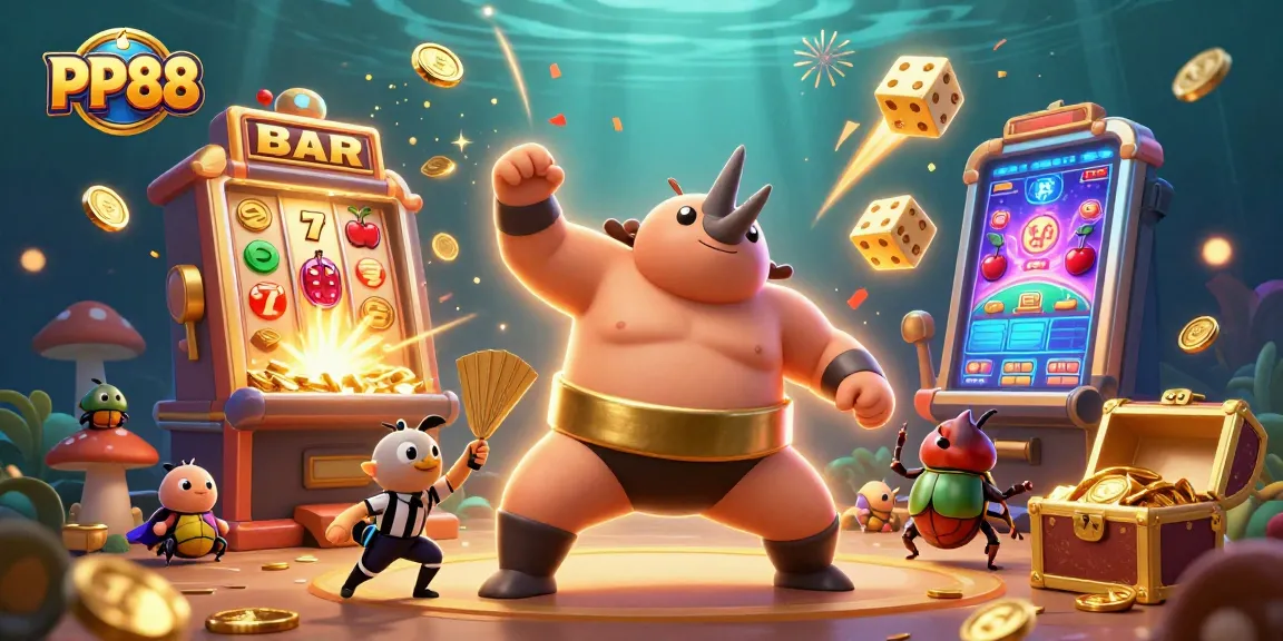 Witness the PP88 sumo champion beetle stomping amidst a jackpot explosion of coins and casino excitement.