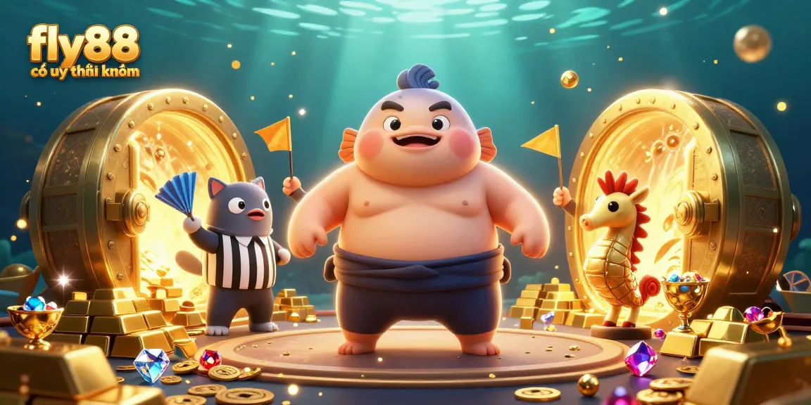 Discover the vibrant underwater scene showcasing fly88 có uy tín không with dynamic characters and rich treasures.