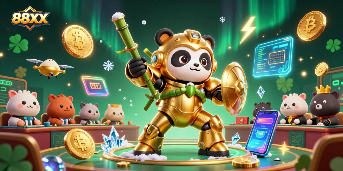 Experience the thrills at 88XX casino with a mech-suited panda in a vibrant gaming arena.