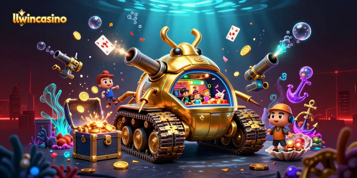 Engage in thrilling gameplay with llwincasino's vibrant casino tank illustration filled with coins and gems.