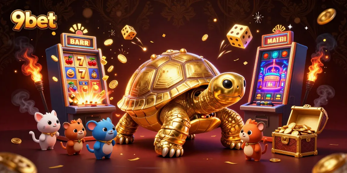 9bet offers an engaging experience with a vibrant 3D illustration of a golden tortoise pinball machine.