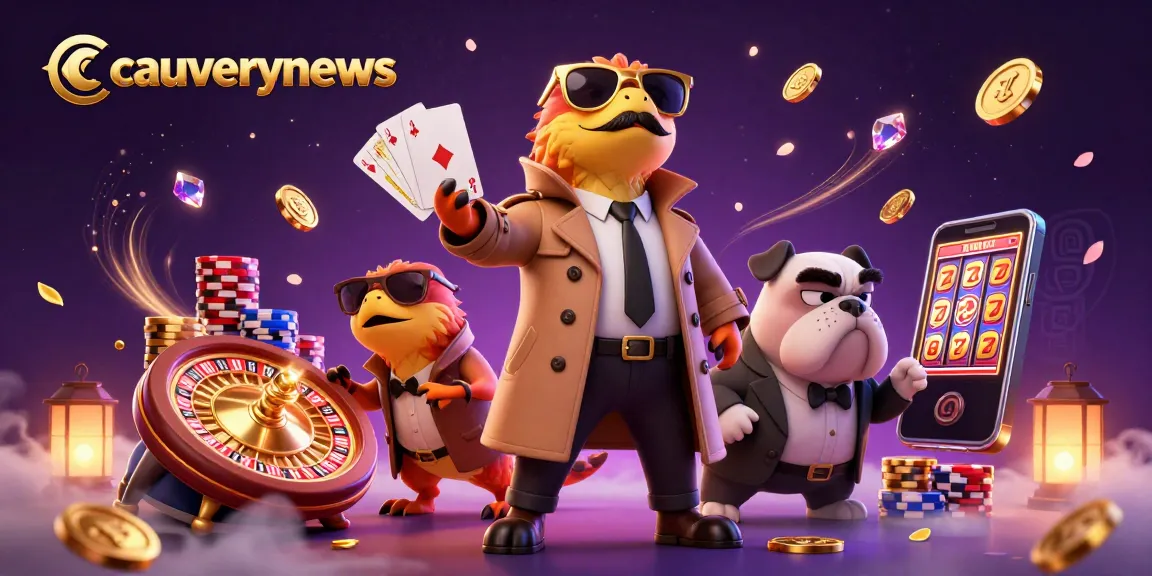 Experience gaming thrills at cauverynews with raptors entering a VIP lounge amid flying coins and vibrant casino elements.