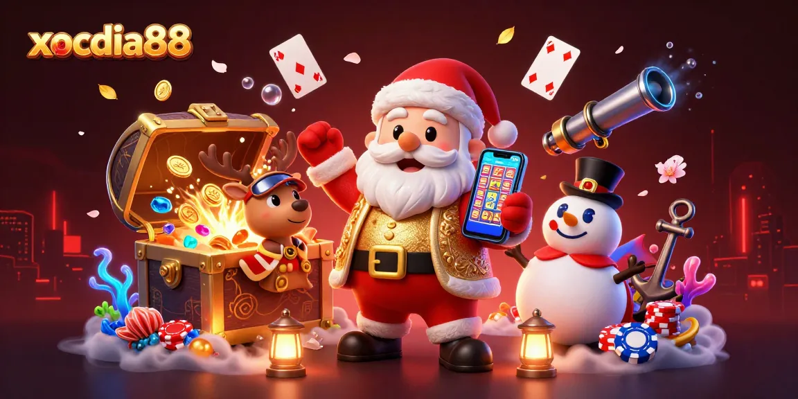 xocdia88 presents a vibrant online casino scene with joyful characters and game elements.