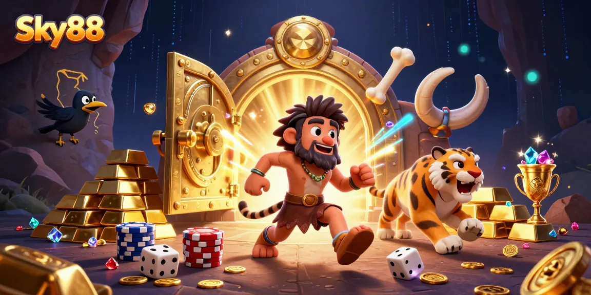 Experience thrilling games at Sky88 with a dynamic vintage casino scene filled with treasure and excitement.