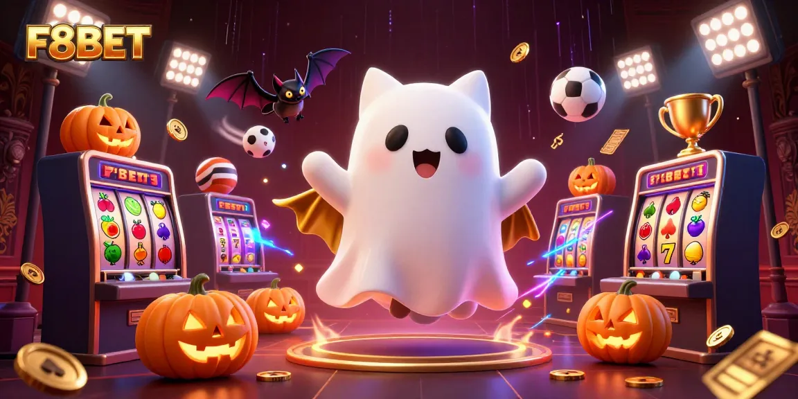 Engage in thrilling gameplay at F8BET with a vibrant ghost cat and vampire bat in a haunted casino.