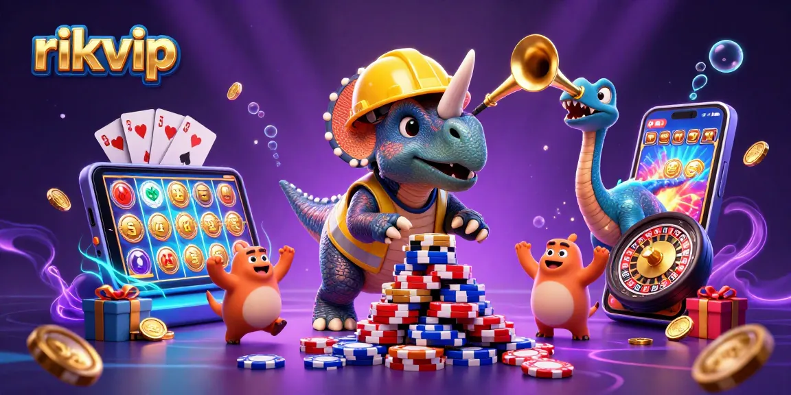 rikvip celebrates with a triceratops building poker chips amidst vibrant casino elements