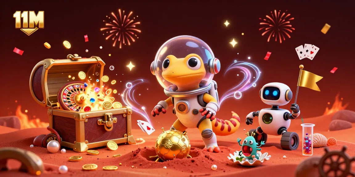 Engage with 11M casino excitement as a Martian gecko discovers treasures in a dynamic space scene.
