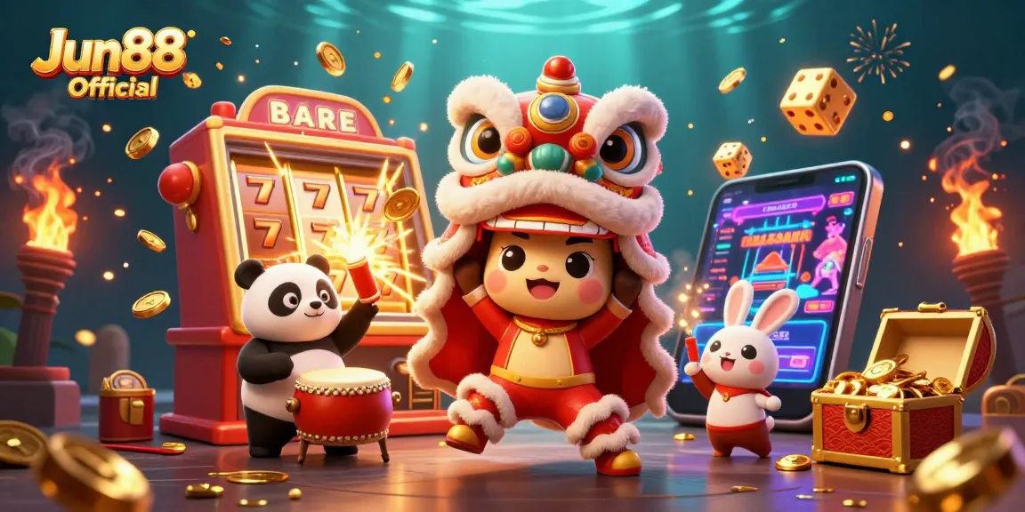Join the excitement at Jun88 Official with a vibrant casino scene featuring festive characters and a jackpot!