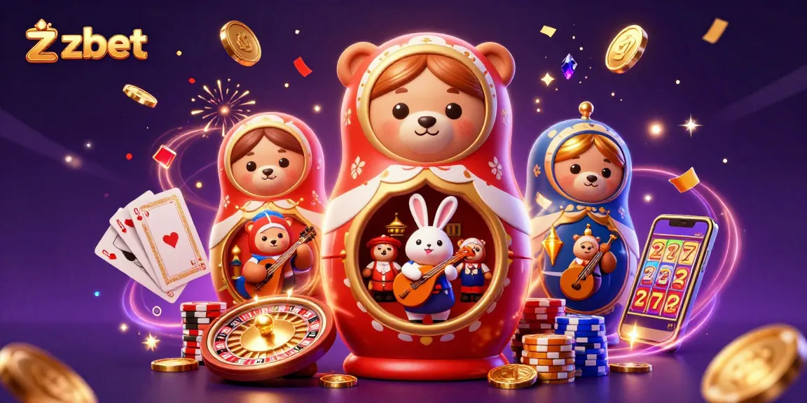 Experience thrilling zbet action with a vibrant 3D casino scene featuring Matryoshka bears and games.