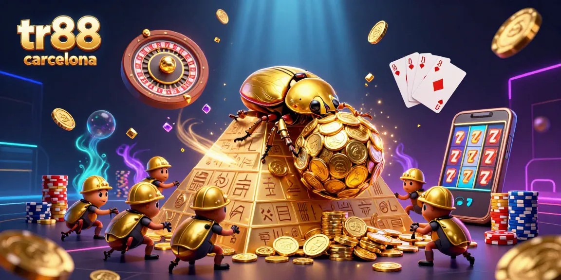 Spin and win at tr88 barcelona with a stunning golden beetle journeying through dazzling casino elements.