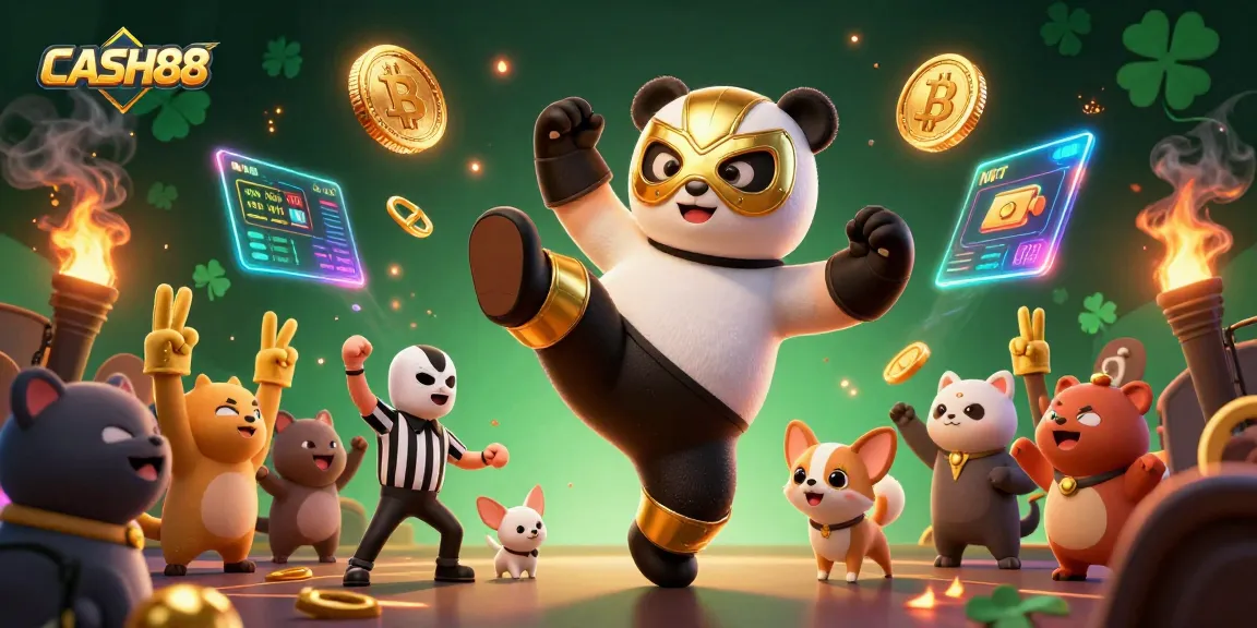 CASH88 engages players with a dynamic showcase of a wrestling panda and chihuahua referee amidst exciting casino elements.