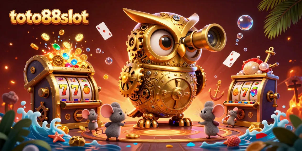 Experience excitement at toto88slot with a 3D illustration featuring vibrant casino elements and a golden owl.