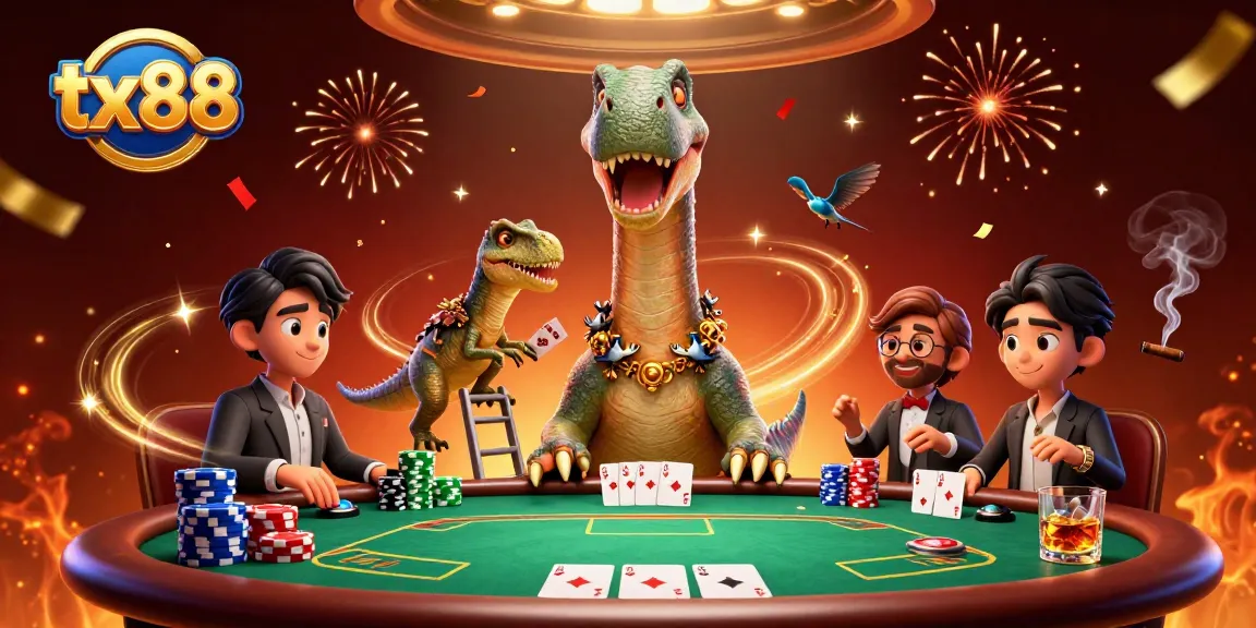 tx88 showcases a vibrant casino scene with a brontosaurus and raptor engaging in a poker game.