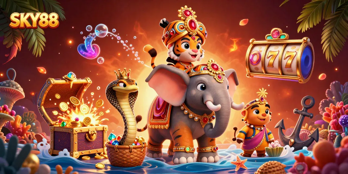 Win big with SKY88 in a vibrant, dynamic 3D casino-themed illustration.