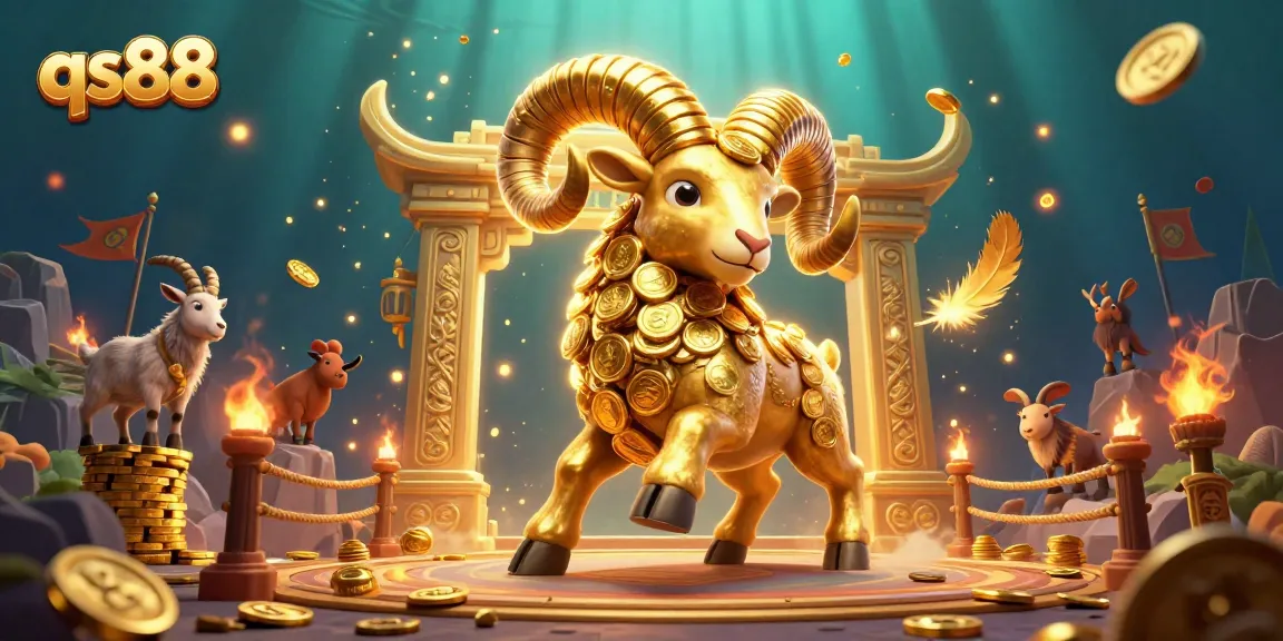 Experience the thrill of qs88 with a dynamic illustration of a golden ram charging into an exciting casino scene.