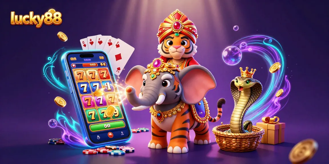 Play the colorful lucky88 slot game in a vibrant 3D casino scene packed with action and energy.